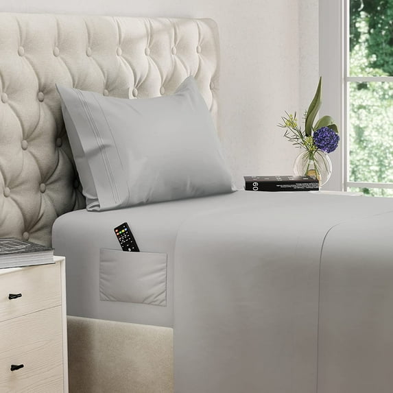 DREAMCARE - Bed Sheets Set - Twin Size Sheet with Side Pocket - 3pcs Set, 15 inches, Gray