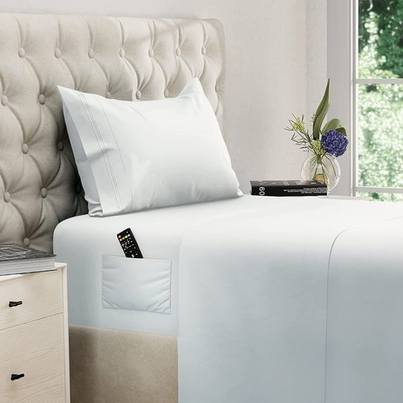 DREAMCARE - Bed Sheets Set - Twin Size Sheet with Side Pocket - 3pcs Set, 15 inches, White
