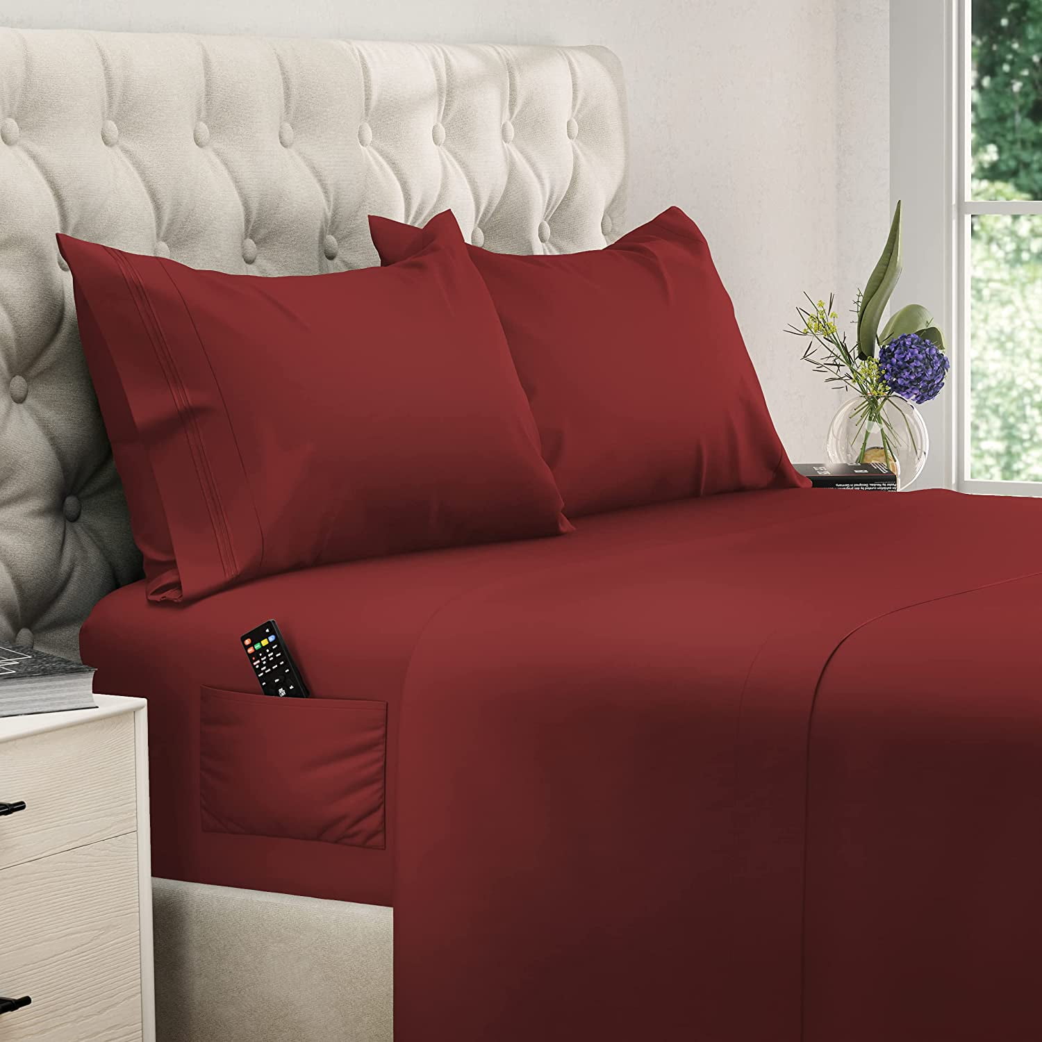 DREAMCARE - Bed Sheets Set - King Size Sheet with Side Pocket - 4pcs Set, 21 Inches, Burgundy, Red