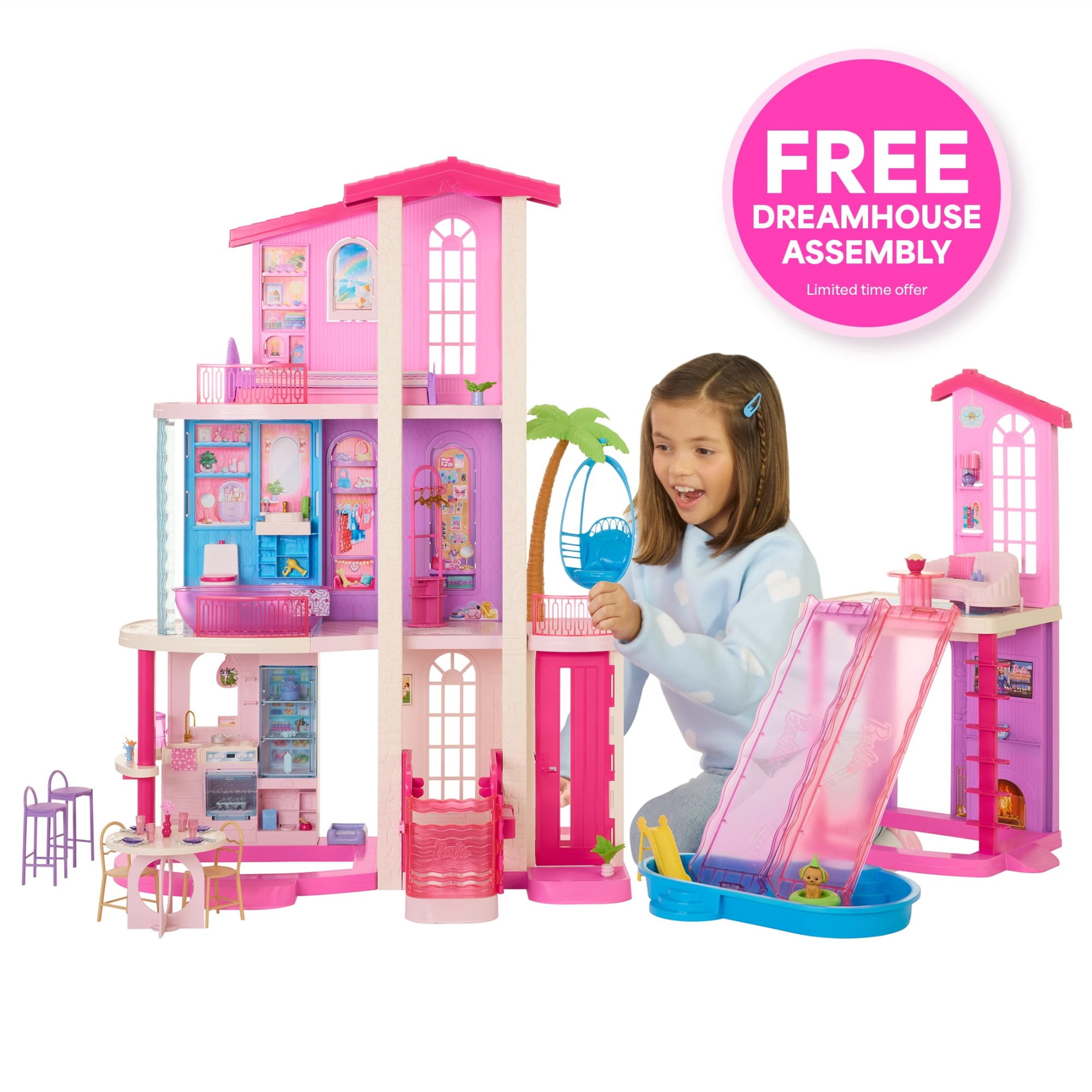 Barbie DreamHouse Dollhouse, 2 Pools, 2 Slides, 2 Houses, Elevator with 3 Levels & 65+ Pieces Including Furniture & Accessories