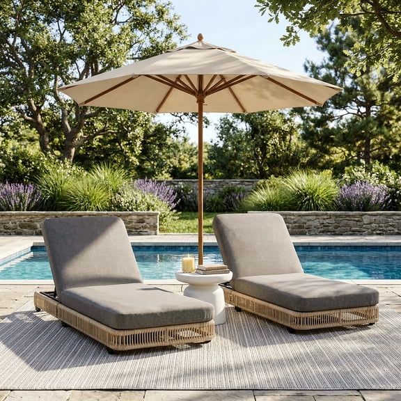 DREAMSID 2 Pcs Outdoor Wicker Chaise Lounge with 5-Position Adjustable Backrest & Thicken Cushion, Weather-Resistant Patio Reclining Chaise for Pool, Beach, Backyard -Beige Rattan/Grey Cushion