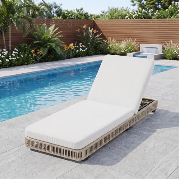 DREAMSID Outdoor Wicker Chaise Lounge with Thick Cushion, 5-Position Adjustable Patio Recliner for Pool, Beach, Backyard, Natural Rattan/Beige Cushion