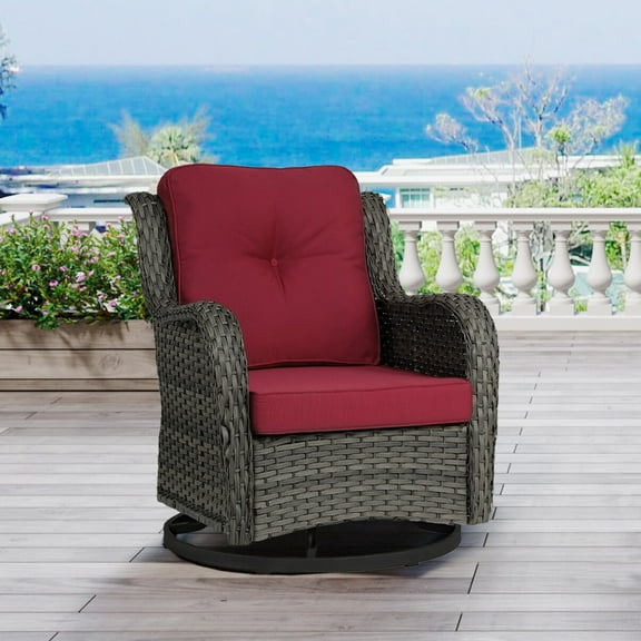 DREAMSIDEA 1-Piece Outdoor Wicker Swivel Chair with Cushions Patio Swivel Glider Chair Outdoor Rocking Lounge Chair for Backyard Balcony Porch,Red