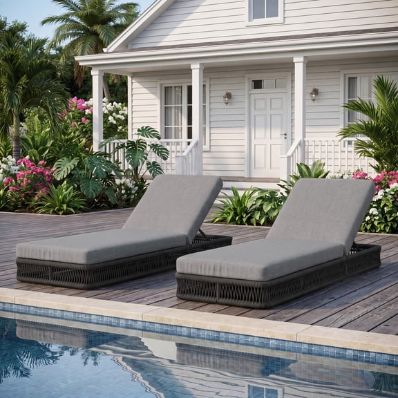 DREAMSIDEA 2 PCS Outdoor Chaise Lounge with Woven Rope&Thick Cushion, 5-Position Reclining Patio Chair Patio Lounge Chair for Pool, Beach, Backyard, Black Rope/Gray Cushion