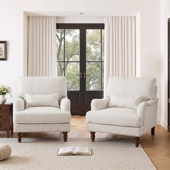 DREAMSIDEA 2-Pack Striped Accent Chairs, High Back Armchair in Living room with Lumbar Support Pillow & Wood Legs,Coffee