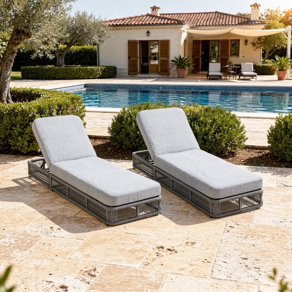 DREAMSIDEA 2 Pcs Patio Chaise Lounge with Woven Rope, 5-Position Adjustable Patio Reclining Chaise, Breathable Poolside Sun Lounger with Thick Cushion for Beach Backyard -Gray Rope/Grey Cushion