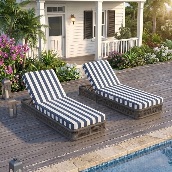DREAMSIDEA 2 Pieces Outdoor Chaise Lounge, Breathable Woven Rope Recliner with 5-Position Backrest&Thick Cushion for Patio, Gray/Stripe Blue