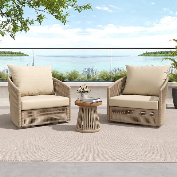 DREAMSIDEA 3 Pcs Outdoor Patio Furniture Set, Outdoor Swivel Bistro Set with Coffee Table, PE Wicker Rope Patio Furniture Conversation Sets for Balcony&Poolside, Khaki