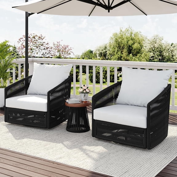 DREAMSIDEA 3 Pcs Outdoor Patio Furniture Set, Outdoor Swivel Bistro Set with Coffee Table, PE Wicker Rope Patio Furniture Conversation Sets for Balcony&Poolside, Black