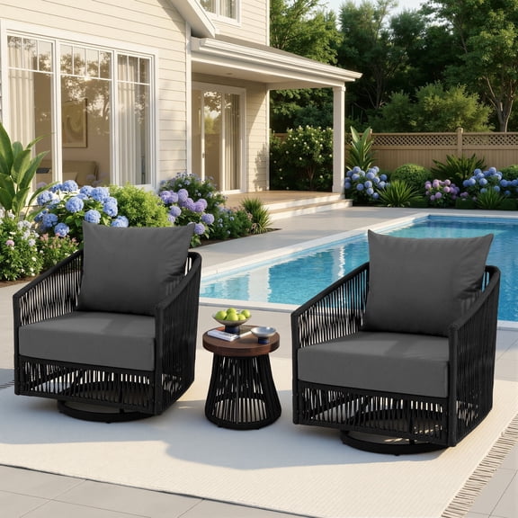 DREAMSIDEA 3 Pcs Outdoor Patio Furniture Set, Outdoor Swivel Bistro Set with Coffee Table, PE Wicker Rope Patio Furniture Conversation Sets for Balcony&Poolside, Black/Gray