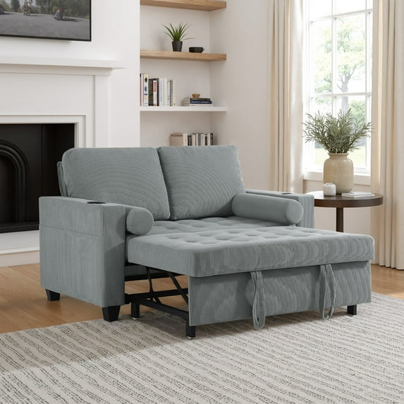 DREAMSIDEA 3-in-1 Convertible Loveseat Sleeper with Adjustable Backrest, Pull Out Couch, 55" Corduroy Futon Sofa Bed with Side Pocket, USB, and Built-in Cup Holders, Gray