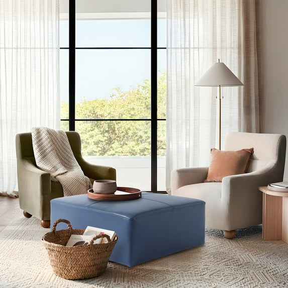 DREAMSIDEA 35 Inch Boho Square Pouf Navy Genuine Leather Ottoman Footstool for the Living Room, Bedroom and Kids Room