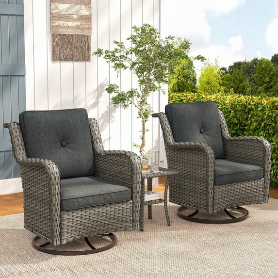DREAMSIDEA 3PCS Outdoor Swivel Glider Sets, Patio Wicker Swivel Rocking Dining Set and Table, Grey