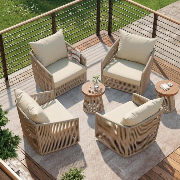 DREAMSIDEA 6 Pcs Outdoor Patio Furniture Set, Outdoor Swivel Bistro Set with Coffee Table, PE Wicker Rope Patio Furniture Conversation Sets for Balcony&Poolside, Khaki