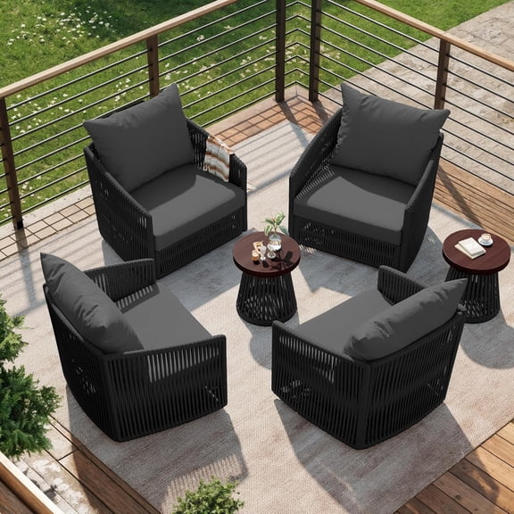 DREAMSIDEA 6 Pcs Outdoor Patio Furniture Set, Outdoor Swivel Bistro Set with Coffee Table, PE Wicker Rope Patio Furniture Conversation Sets for Balcony&Poolside, Black/Gray