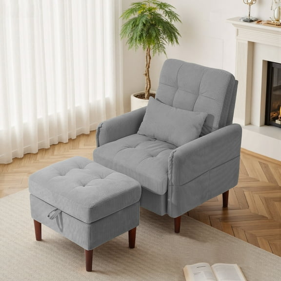 DREAMSIDEA Accent Chair with Storage Ottoman, Adjustable Backrest Lounge Chair with Footrest, Corduroy Reading Chair with Pillow and Side Pockets for Living Room & Bedroom-Gray