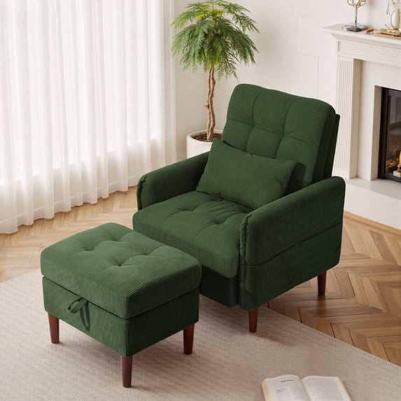 DREAMSIDEA Accent Chair with Storage Ottoman, Adjustable Backrest Lounge Chair with Footrest, Corduroy Reading Chair with Pillow and Side Pockets for Living Room & Bedroom-Green