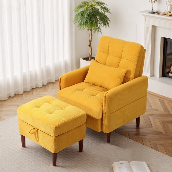 DREAMSIDEA Accent Chair with Storage Ottoman, Adjustable Backrest Lounge Chair with Footrest, Corduroy Reading Chair with Pillow and Side Pockets for Living Room & Bedroom-Yellow