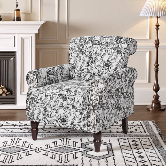 DREAMSIDEA Accent Chair Upholstered Pattern Morden Armchair Comfy Linen Fabric Single Sofa for Living Room, ROCOCO BLACK