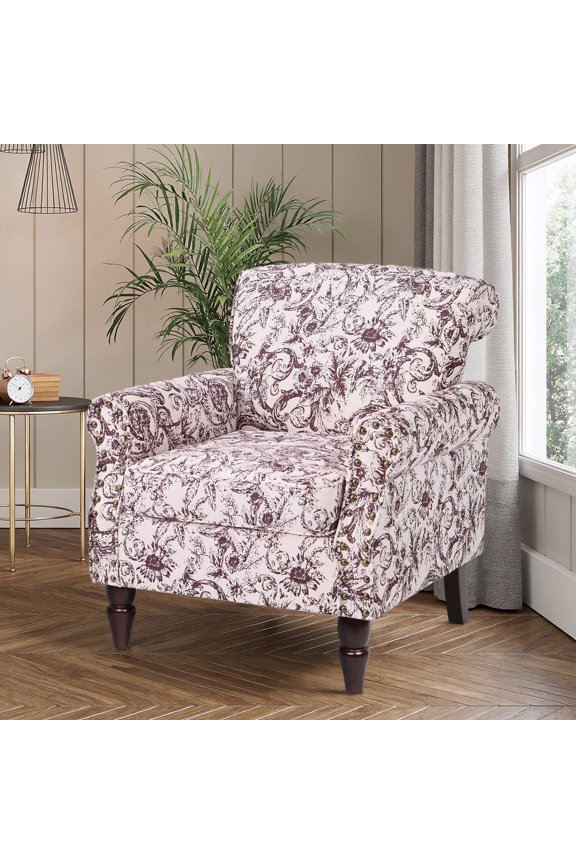 Accent Chair Upholstered Pattern Morden Armchair Comfy Linen Fabric Single Sofa for Living Room, ROCOCO Plum