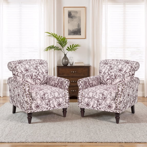 DREAMSIDEA Accent Chairs Set of 2 Upholstered Pattern Morden Armchair Comfy Linen Fabric Reading Chairs for Living Room,Rococo Plum