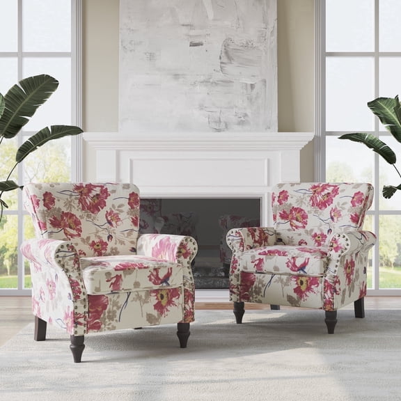 DREAMSIDEA Accent Chairs Set of 2 Upholstered Pattern Morden Armchair Comfy Linen Fabric Single Sofa for Living Room, Pattern White