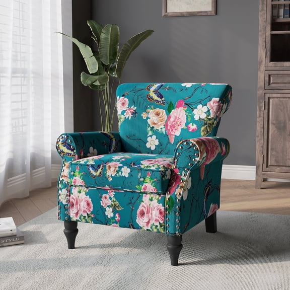 DREAMSIDEA Accent Chairs Upholstered Pattern Morden Armchair Comfy Linen Fabric Single Sofa for Living Room, Pattern Blue