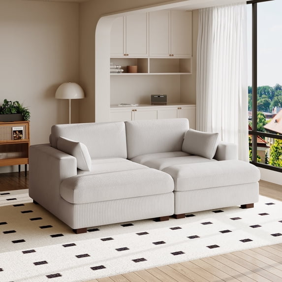 DREAMSIDEA Beige Chaise Lounge Indoor Furniture Upholstered Corduroy Sofa Counch with Armrest for Living Room,Bedroom