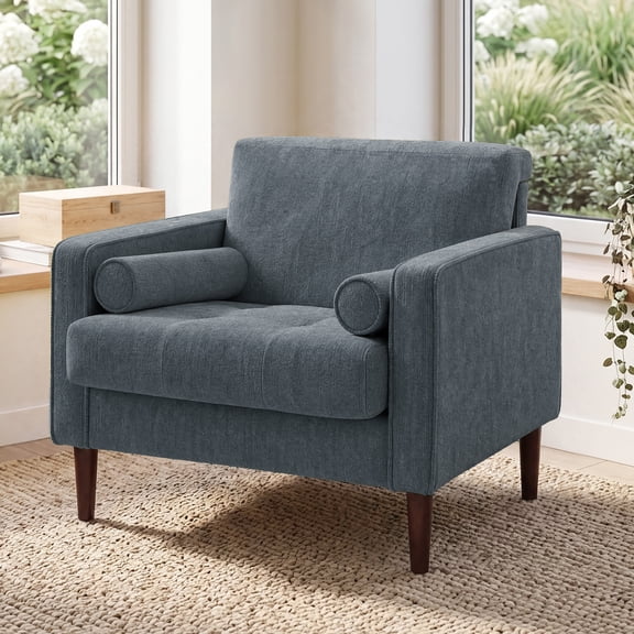 DREAMSIDEA Blue Gray Chenille Accent Chair, Button-Tufted Comfy Armchair with Pillows for Living Room, Bedroom, Office