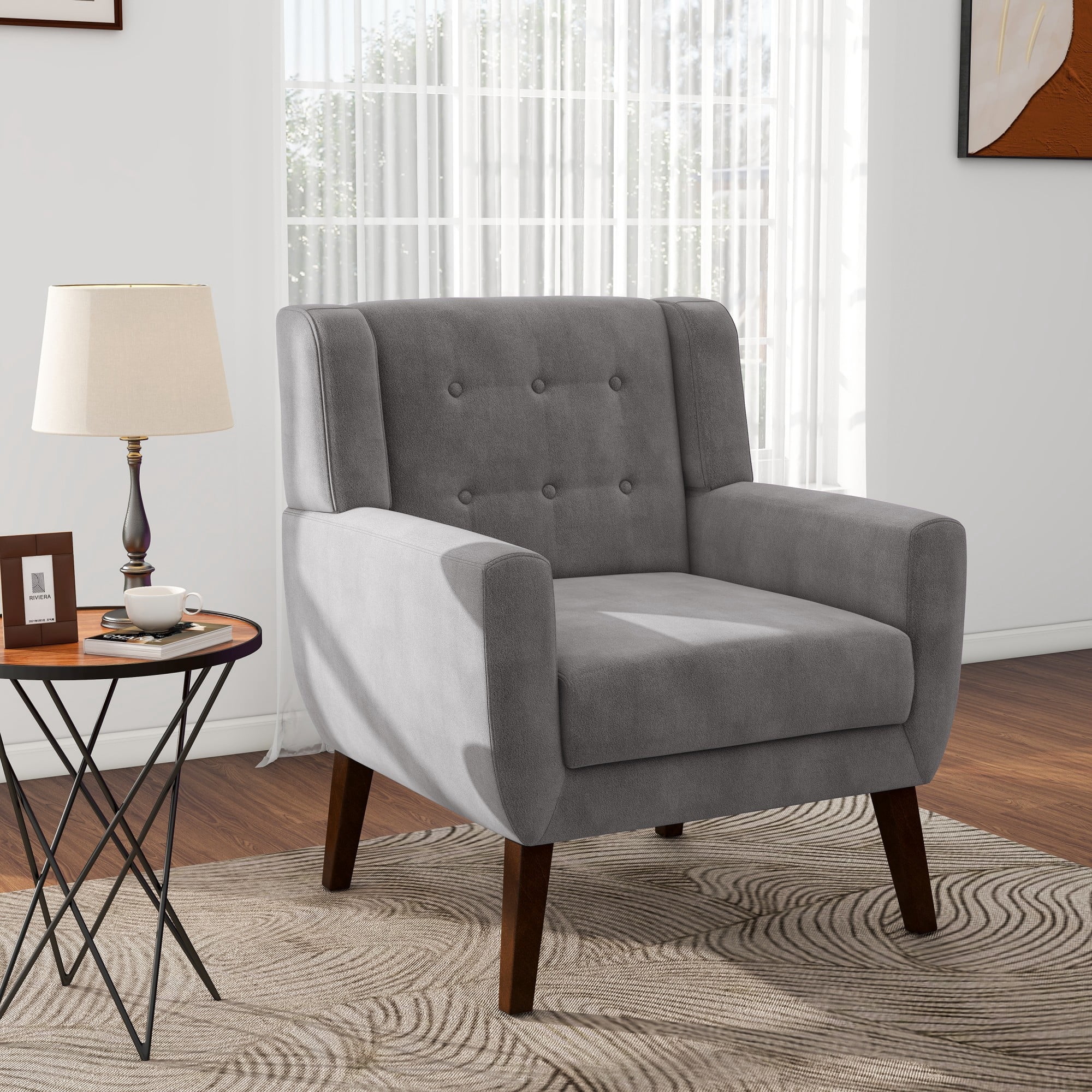 DREAMSIDEA Button Tufted Accent Chair Living Room Upholstered Armchair Reading Chair Velvet Side Chair for Bedroom, Gray