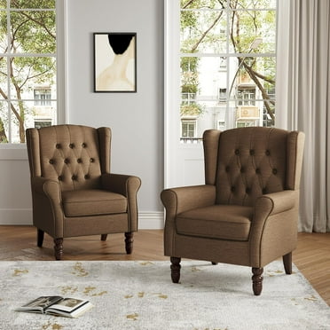 DREAMSIDEA Button Tufted Accent Chair Set of 2 with High Wingback Upholstered High Back Wing Chair Round Armrest for Bedroom Living Room, Brown