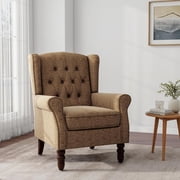 DREAMSIDEA Button Tufted Accent Chair with High Wingback Upholstered High Back Wing Chair Round Armrest for Bedroom Living Room, Brown