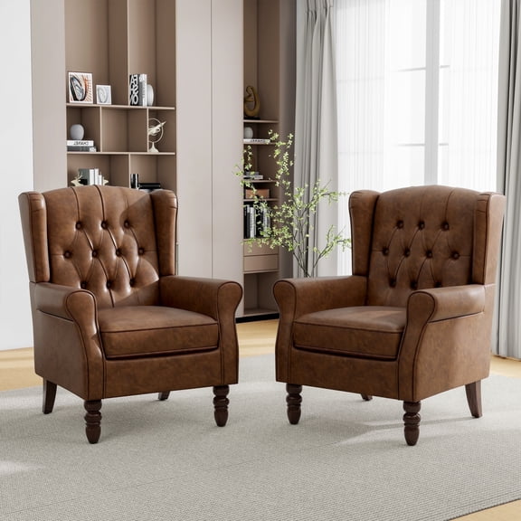 DREAMSIDEA Button Tufted Faux Leather Accent Chair Set of 2 with High Wingback Upholstered High Back Wing Chair Round Armrest for Bedroom Living Room, Brown