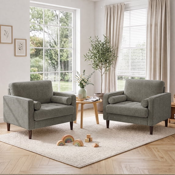 DREAMSIDEA Chenille Accent Chairs Set of 2, Button-Tufted Comfy Reading Armchair with Pillows for Living Room, Bedroom, Office-Taupe