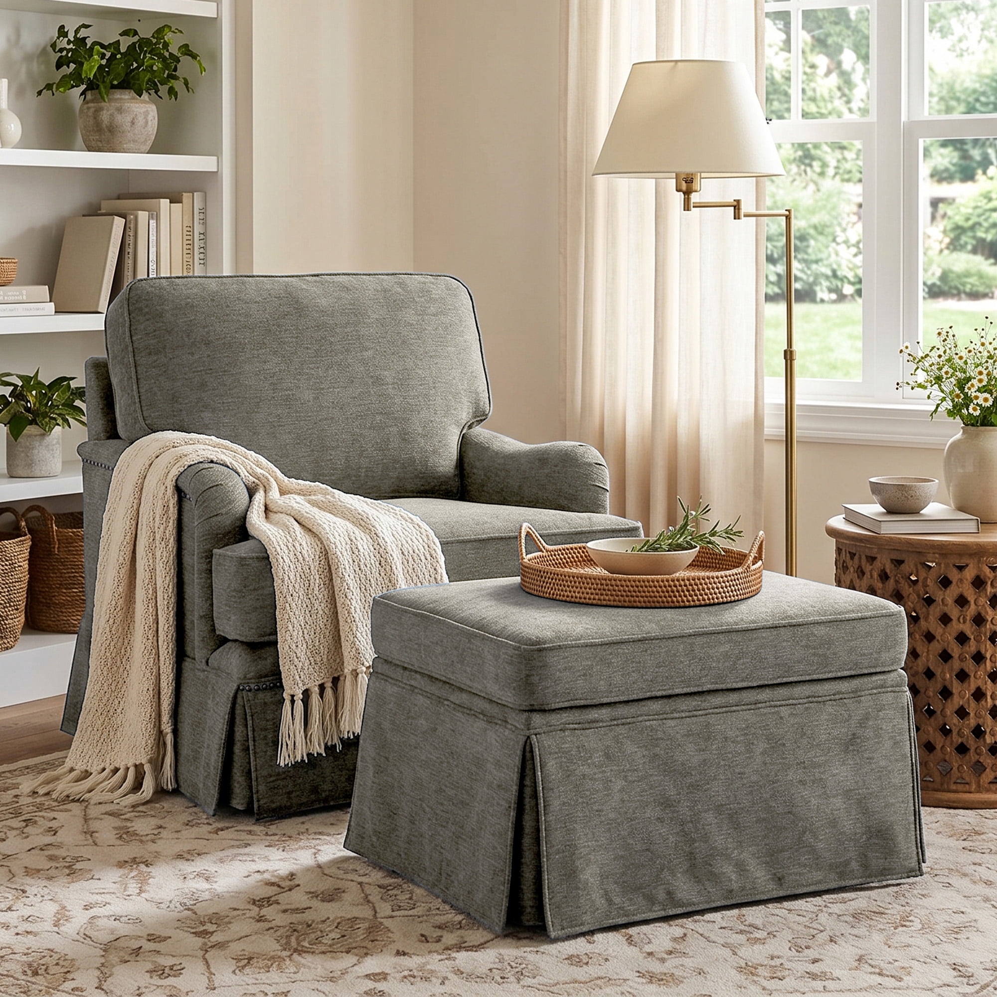 DREAMSIDEA Chenille Swivel Chair with Storage Ottoman, Comfy Reading ...