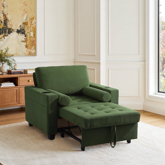 DREAMSIDEA 3-in-1 Convertible Sleeper Sofa Chair with Adjustable Backrest Indoor, Modern Sleeper Sofa Chair Lounge Chair with Pullout Bed for Living Room Bedroom Office(Corduroy-Green)