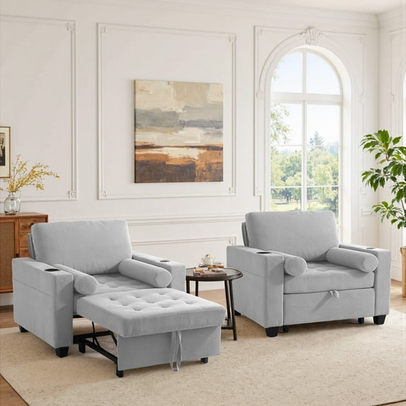 DREAMSIDEA Convertible Sleeper Chair with Pullout Bed, 3-in-1 Sleeper Sofa Chair Lounge Chair with Adjustable Backrest Indoor, Modern Single Sofa Bed Armchair Living Room(Light Gray,Set of 2)