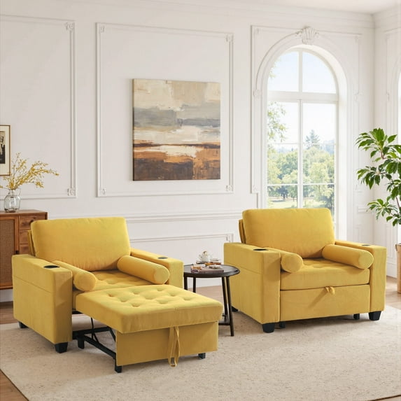 DREAMSIDEA Convertible Sleeper Chair with Pullout Bed, 3-in-1 Sleeper Sofa Chair Lounge Chair with Adjustable Backrest Indoor, Modern Single Sofa Bed Armchair Living Room(Yellow,Set of 2)