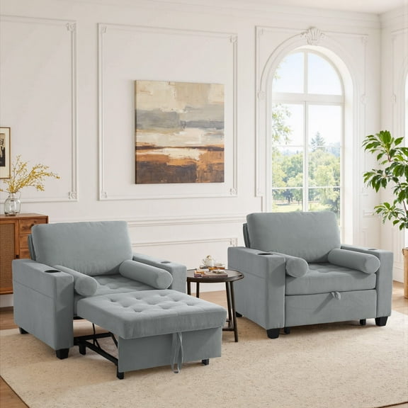DREAMSIDEA Convertible Sleeper Chair with Pullout Bed, 3-in-1 Sleeper Sofa Chair Lounge Chair with Adjustable Backrest Indoor, Modern Single Sofa Bed Armchair Living Room(Gray,Set of 2)