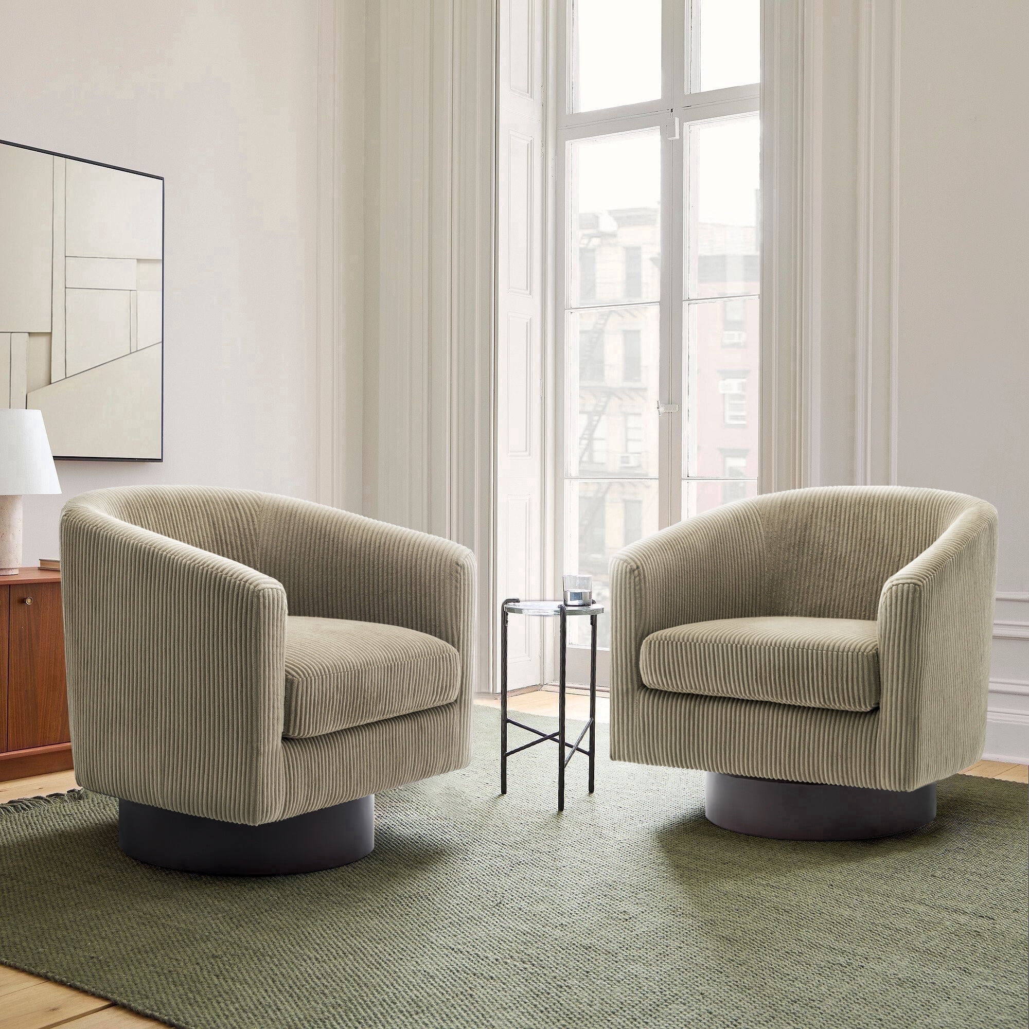 DREAMSIDEA Corduroy Swivel Barrel Accent Chairs Set of 2, Modern Upholstered Living Room Chair Round Club Armchair-Camel