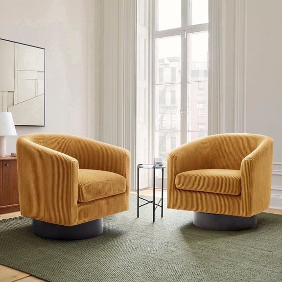 DREAMSIDEA Corduroy Swivel Barrel Chairs Set of 2,Corduroy Upholstered Living Room Chair Round Club Armchair-Orange