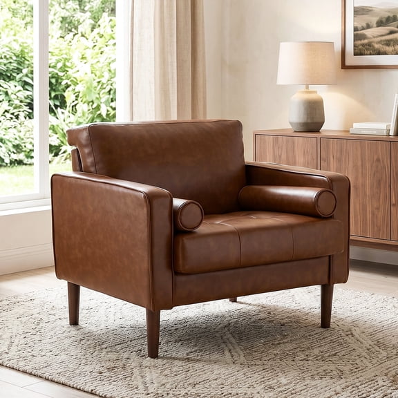 DREAMSIDEA Faux Leather Accent Chair Comfy Armchair Reading Chair with Pillows for Living Room Bedroom Office,Brown