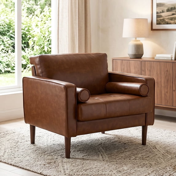 DREAMSIDEA Faux Leather Accent Chair Comfy Armchair Reading Chair with Pillows for Living Room Bedroom Office,Brown