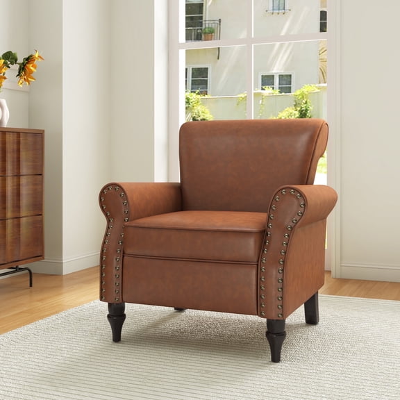 DREAMSIDEA Faux Leather Accent Chair Upholstered Armchair Morden Comfy Living Room Sofa Chair, Brown