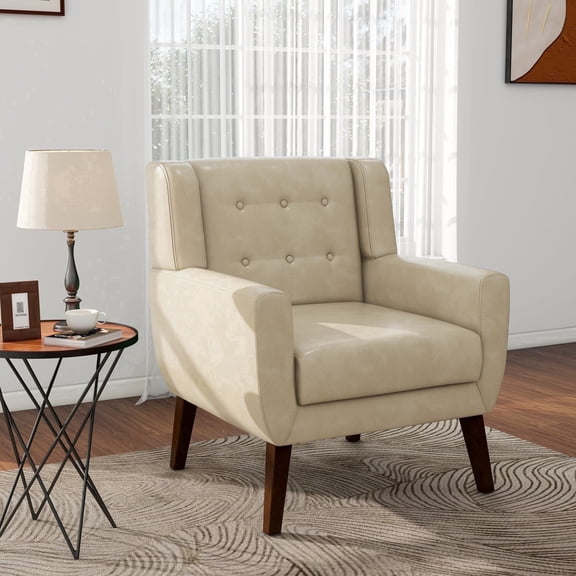 DREAMSIDEA Faux Leather Accent Chair for Living Room Morden Upholstered Armchair Cream Bedroom Chairs
