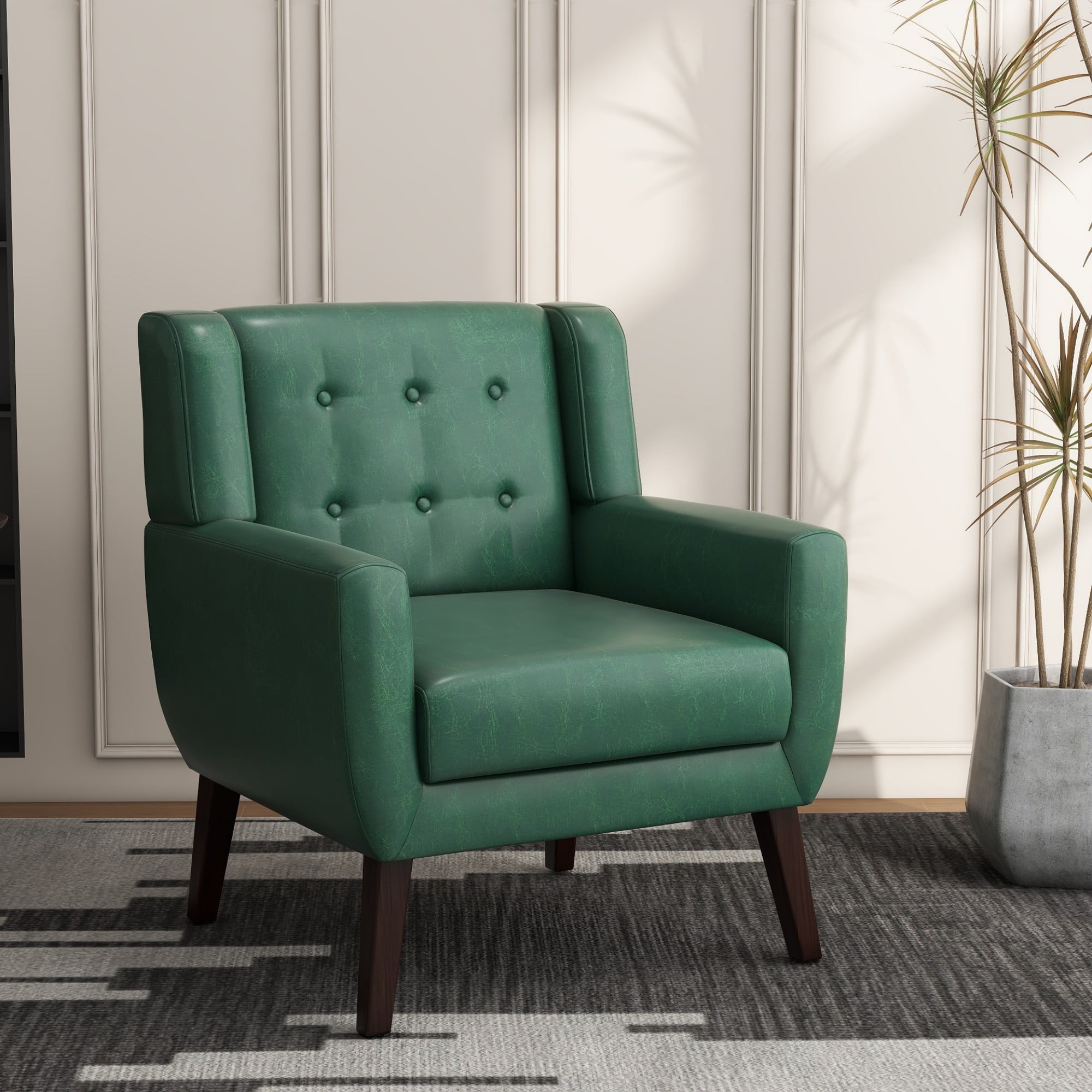 Green Faux Leather Barrel Accent Chair with Wood Legs