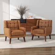 DREAMSIDEA Faux Leather Accent Chairs Set of 2 Living Room,Tufted Armchair for Bedroom Single Sofa Set, Brown