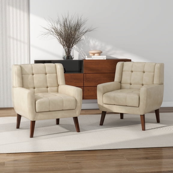 DREAMSIDEA Faux Leather Accent Chairs Set of 2 Living Room,Tufted Armchair for Bedroom Single Sofa Set, Cream