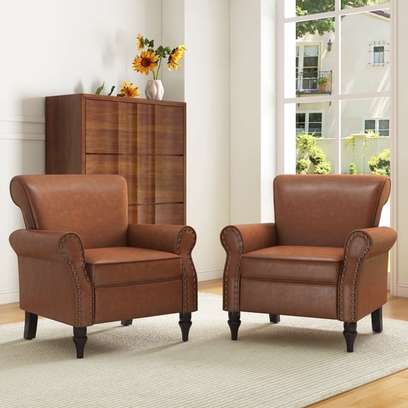 DREAMSIDEA Faux Leather Accent Chairs Set of 2 Upholstered Armchair Morden Comfy Living Room Sofa Chair, Brown