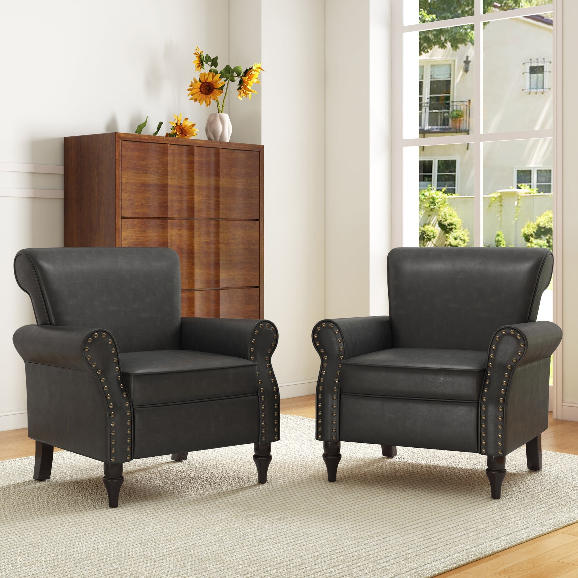 Black Faux Leather Barrel Accent Chair with Wood Legs